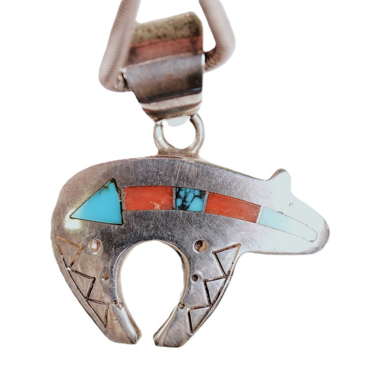 Navajo Sterling Silver Chain with Large Inlaid Bear Pendant By Ray Tracy Knifewing