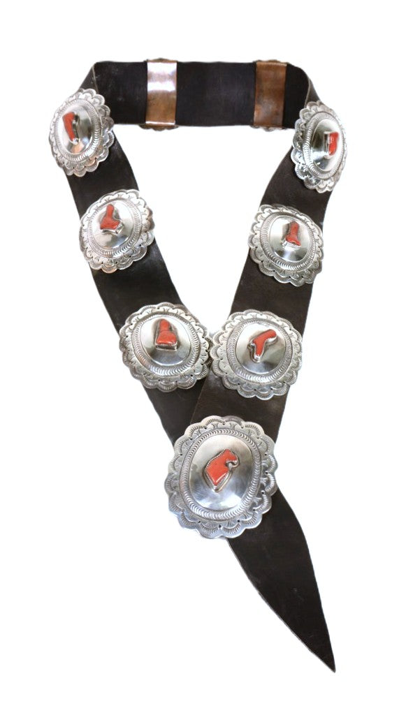 Navajo Concho Belt with Coral By Orville Tsinnie