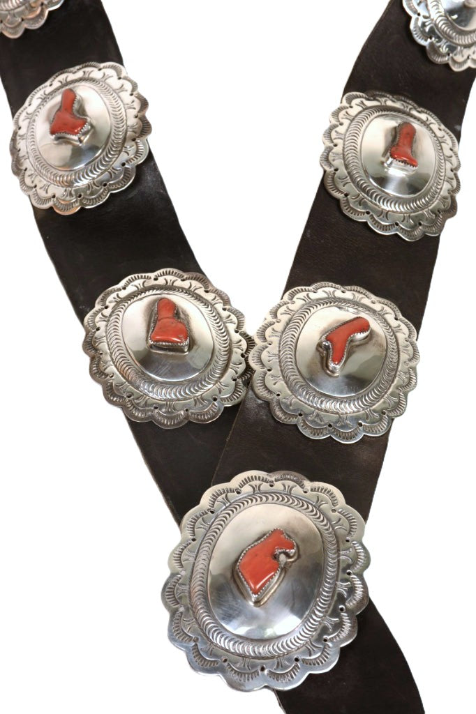 Navajo Concho Belt with Coral By Orville Tsinnie