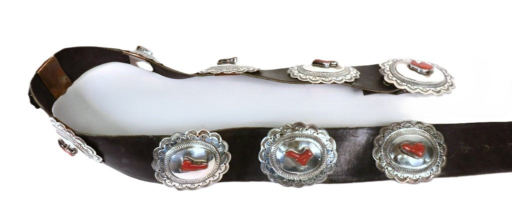 Navajo Concho Belt with Coral By Orville Tsinnie