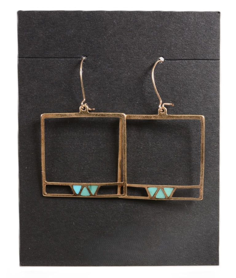 Navajo Gold French Hook Square Earrings with Inlaid Turquoise