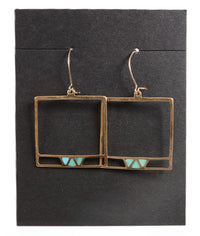 Navajo Gold French Hook Square Earrings with Inlaid Turquoise