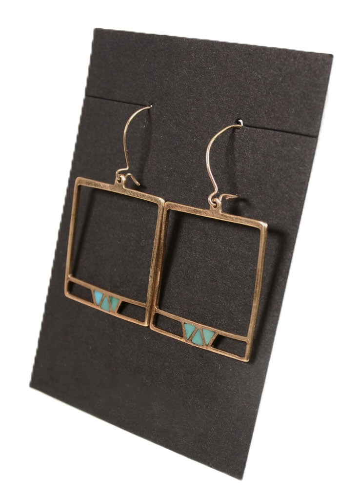 Navajo Gold French Hook Square Earrings with Inlaid Turquoise