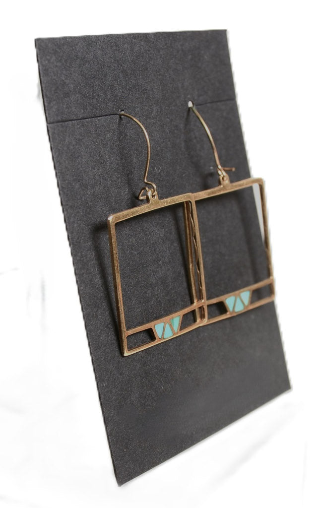 Navajo Gold French Hook Square Earrings with Inlaid Turquoise