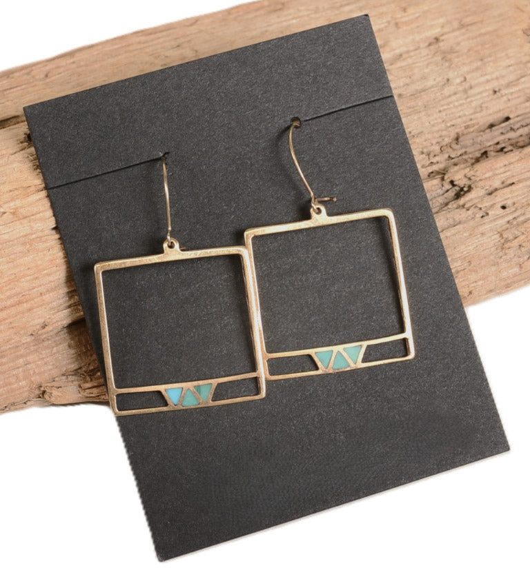 Navajo Gold French Hook Square Earrings with Inlaid Turquoise