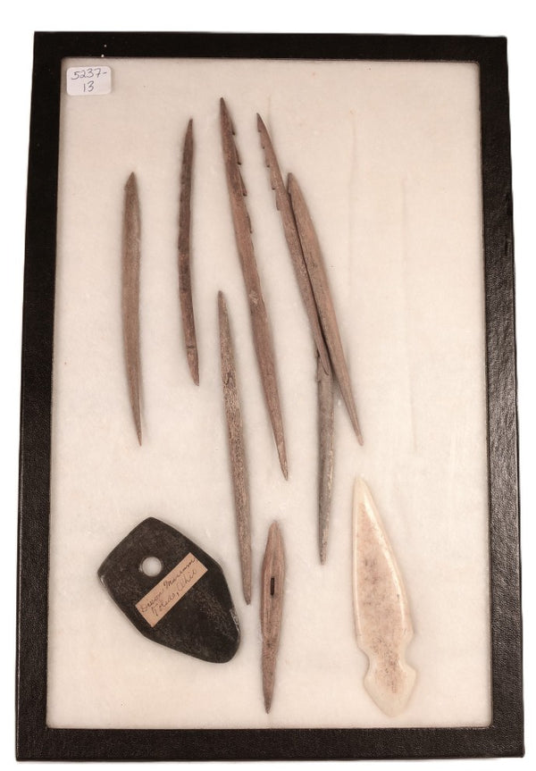 Frame of Bone, Stone Gorget and Ivory Fishing Spear Point Artifactsl; "Dickson Museum Toledo Ohio"