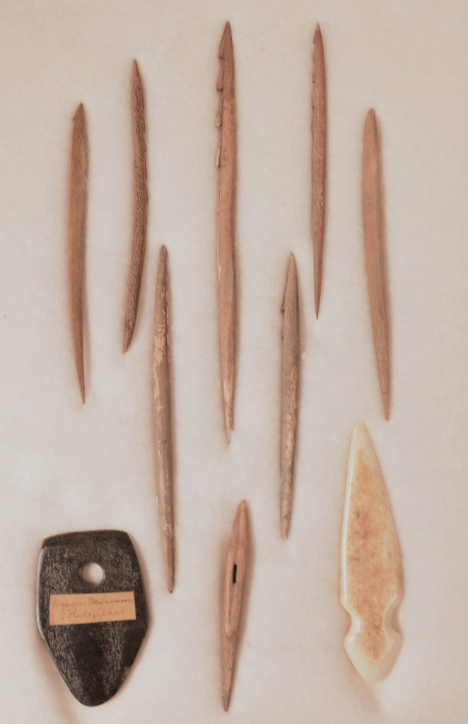 Frame of Bone, Stone Gorget and Ivory Fishing Spear Point Artifactsl; "Dickson Museum Toledo Ohio"