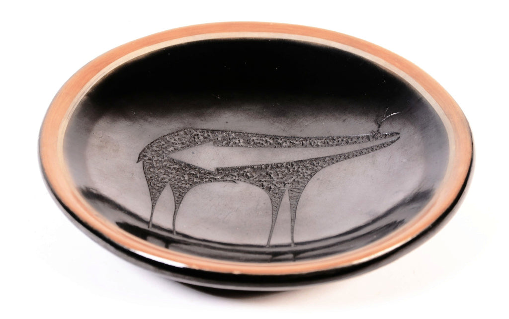 San Ildefonso Pueblo Pottery Dish with Deer Motif By Tony Da