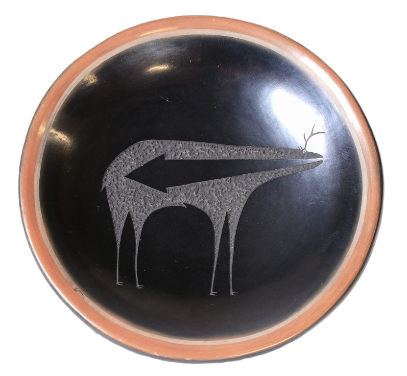 San Ildefonso Pueblo Pottery Dish with Deer Motif By Tony Da