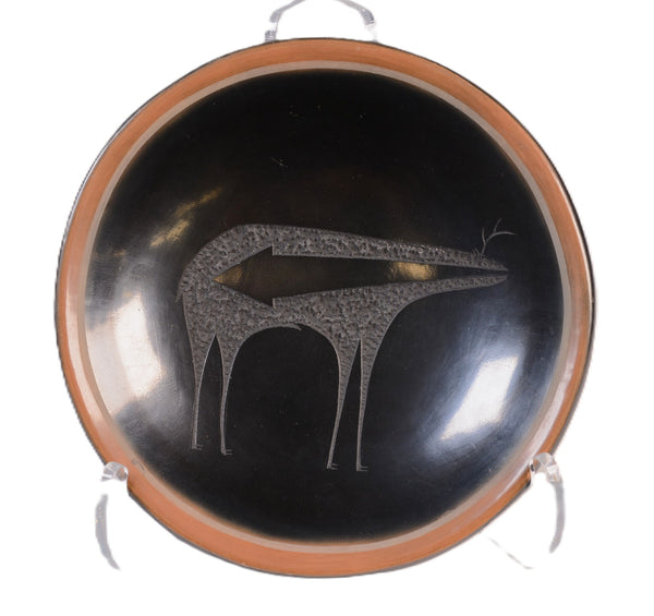 San Ildefonso Pueblo Pottery Dish with Deer Motif By Tony Da