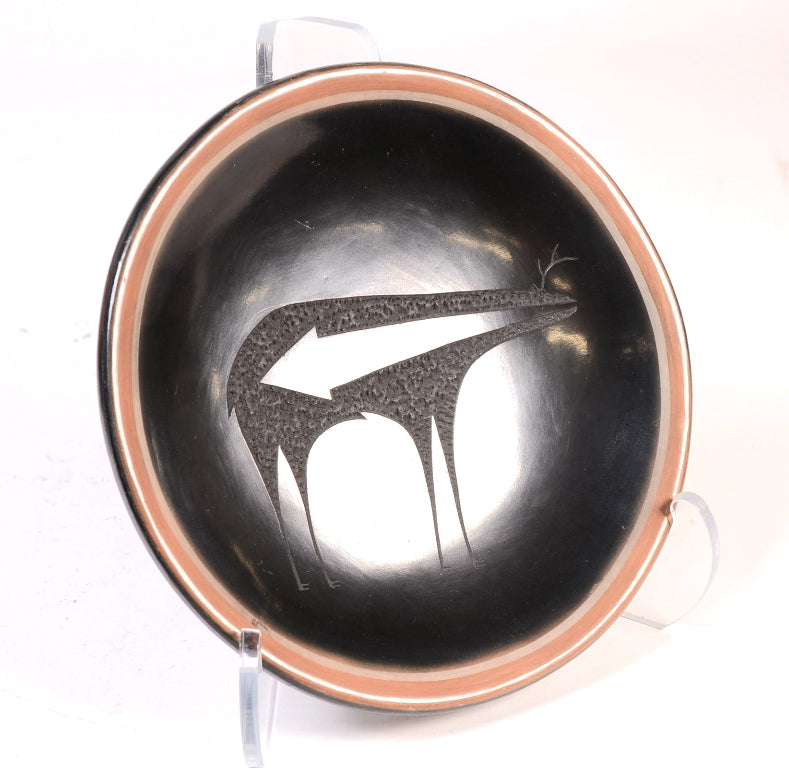 San Ildefonso Pueblo Pottery Dish with Deer Motif By Tony Da