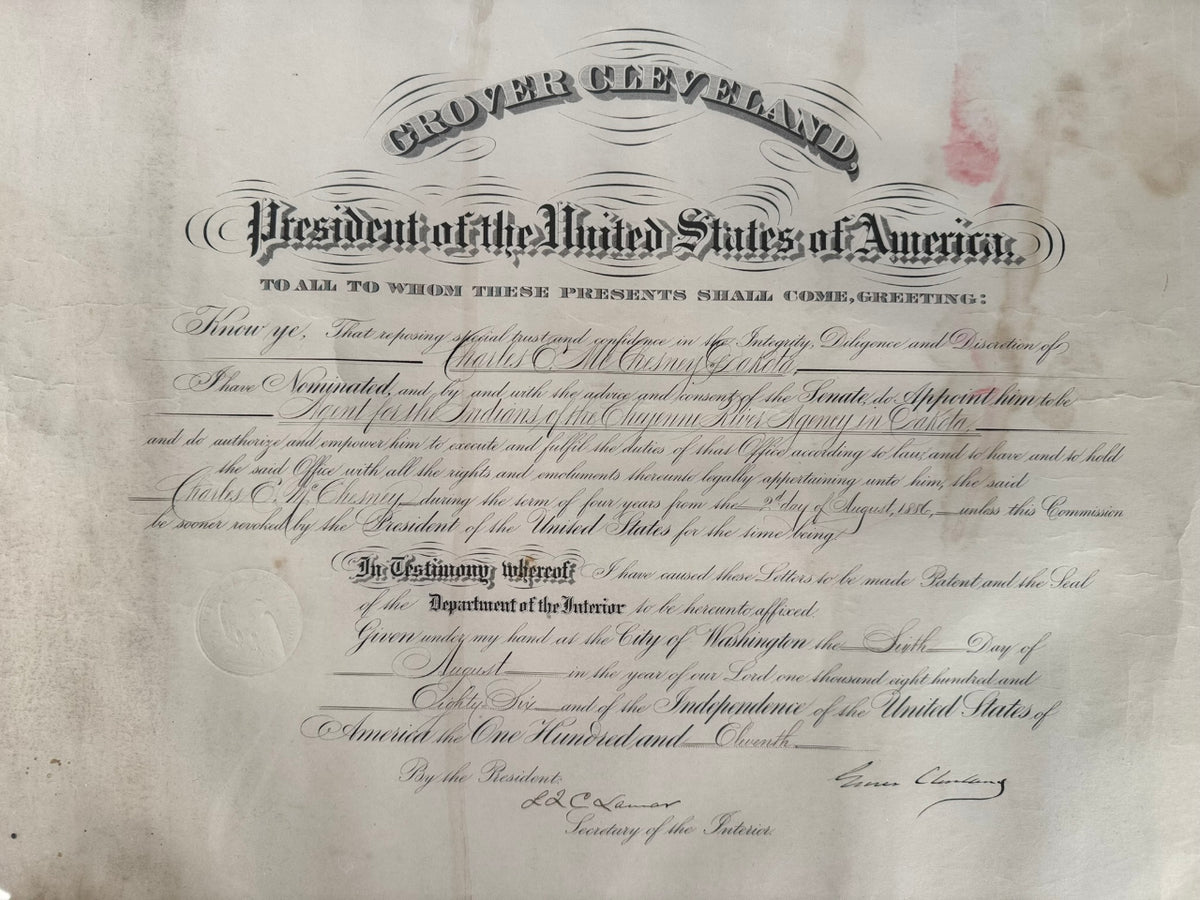 Grover Cleveland Presidential Appointment for the "Agent for the Indians of the Cheyenne River Agency in Dakota"