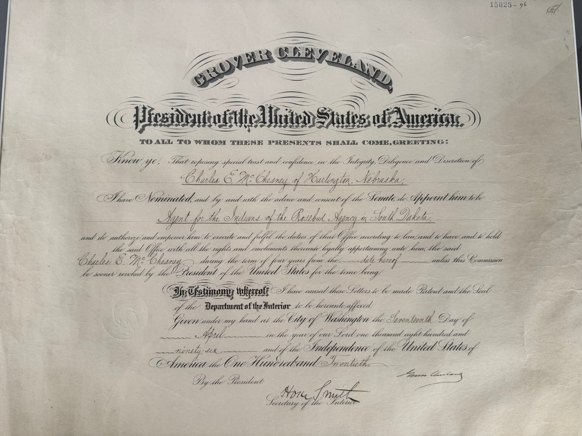 Grover Cleveland Presidential Appointment for the "Agent for the Indians of the Rosebud Agency in South Dakota"