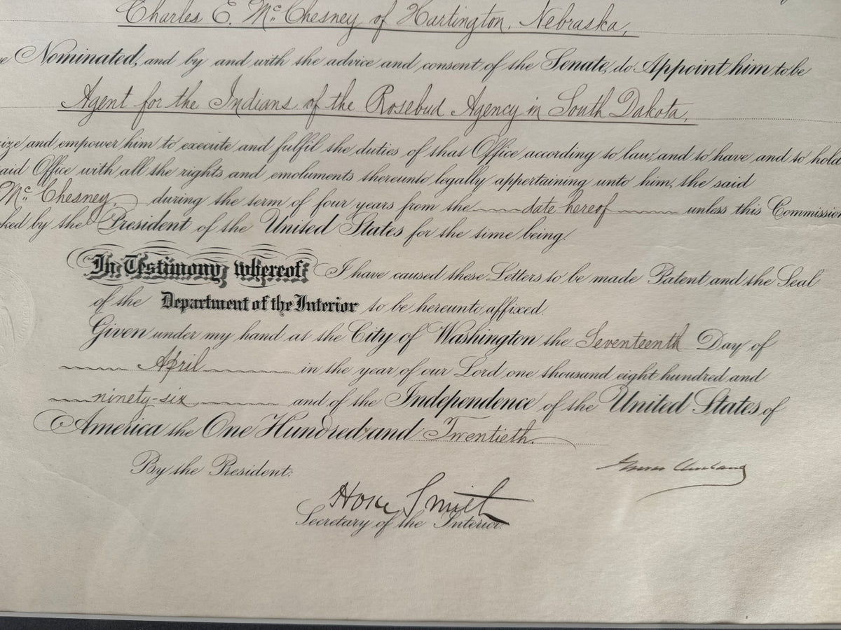 Grover Cleveland Presidential Appointment for the "Agent for the Indians of the Rosebud Agency in South Dakota"