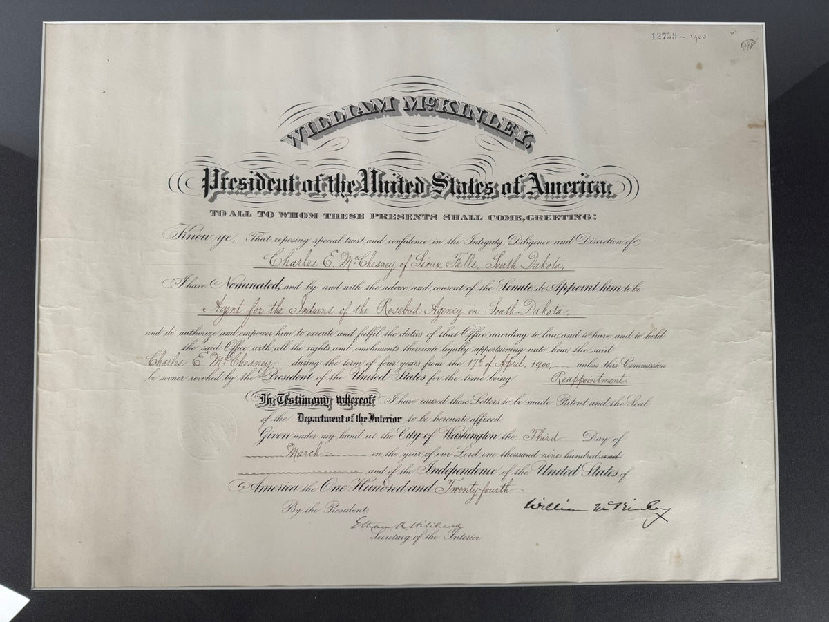 William McKinley Presidential Appointment for the "Agent for the Indians of the Rosebud Agency in South Dakota"