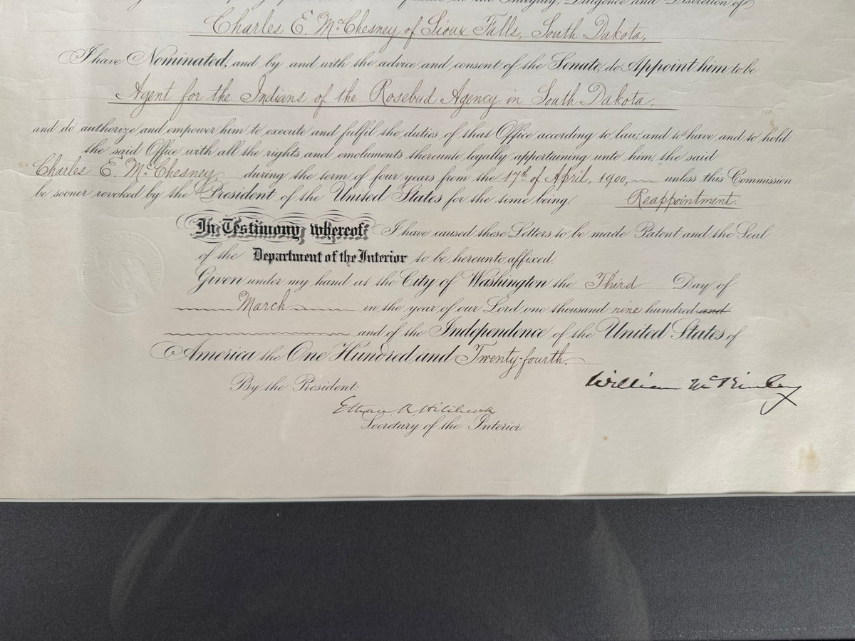 William McKinley Presidential Appointment for the "Agent for the Indians of the Rosebud Agency in South Dakota"