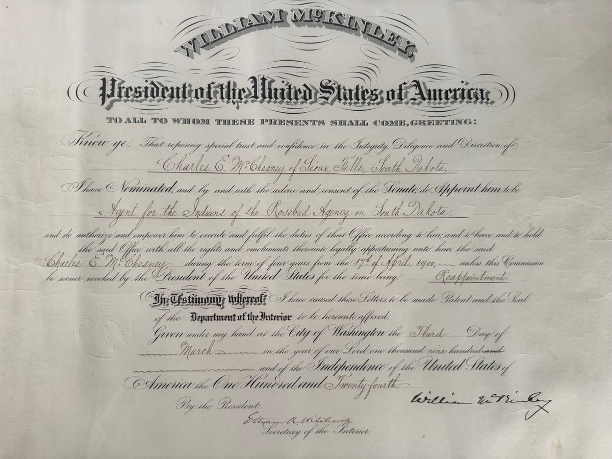 William McKinley Presidential Appointment for the "Agent for the Indians of the Rosebud Agency in South Dakota"
