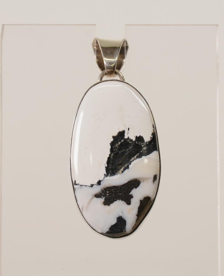 Navajo White Buffalo and Silver Oval Pendant with Sterling Silver Bail