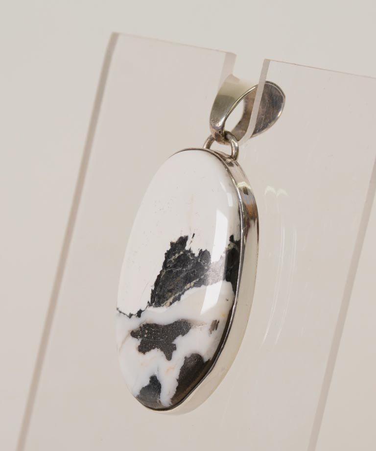 Navajo White Buffalo and Silver Oval Pendant with Sterling Silver Bail