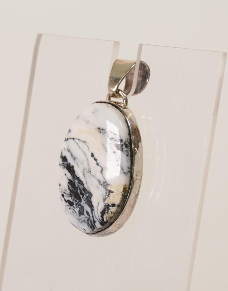 Navajo White Buffalo and Silver Oval Pendant with Sterling Silver Bail