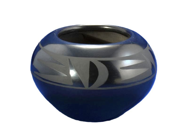 Geometric Black-on-Black Pottery Bowl by Maria Martinez, Signed Maria and Santana