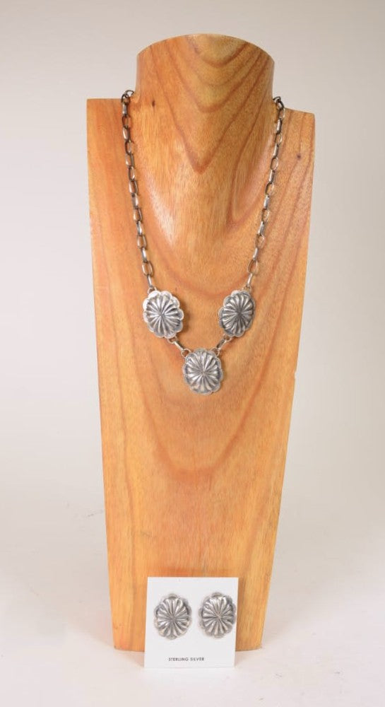Navajo Post Earrings and Necklace Set: Silver conchos
