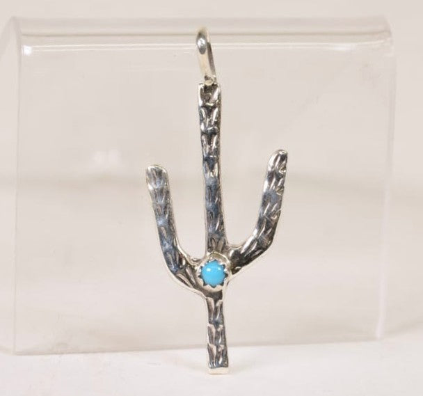 Navajo Pendant, Silver Cactus with 1 Turquoise