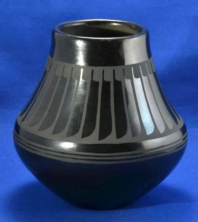 Feather Panel Black-on-Black Pottery Jar; Signed Maria and Santana