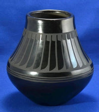 Feather Panel Black-on-Black Pottery Jar; Signed Maria and Santana