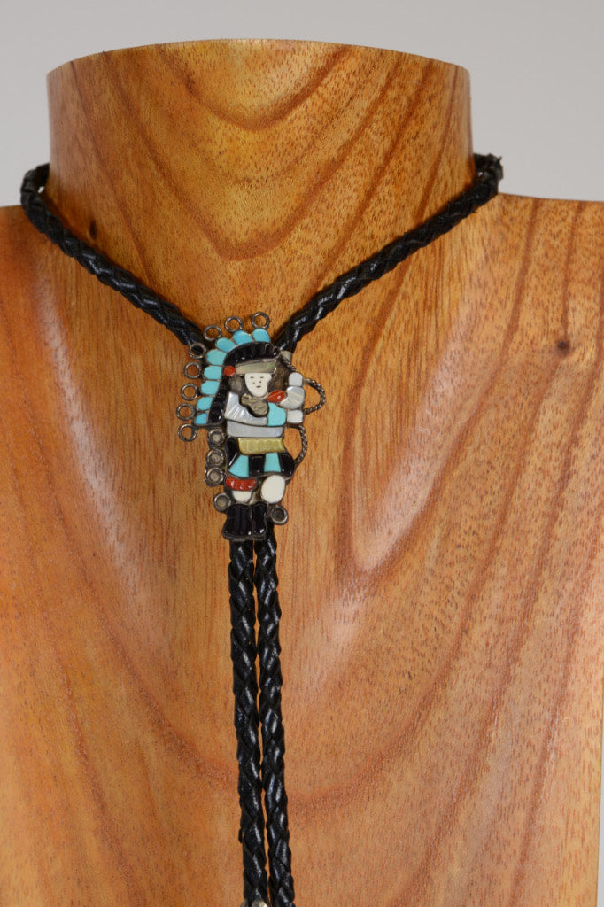 Zuni Sterling Silver and Multi Colored Carved Gem Stone Chief Inlay Bolo