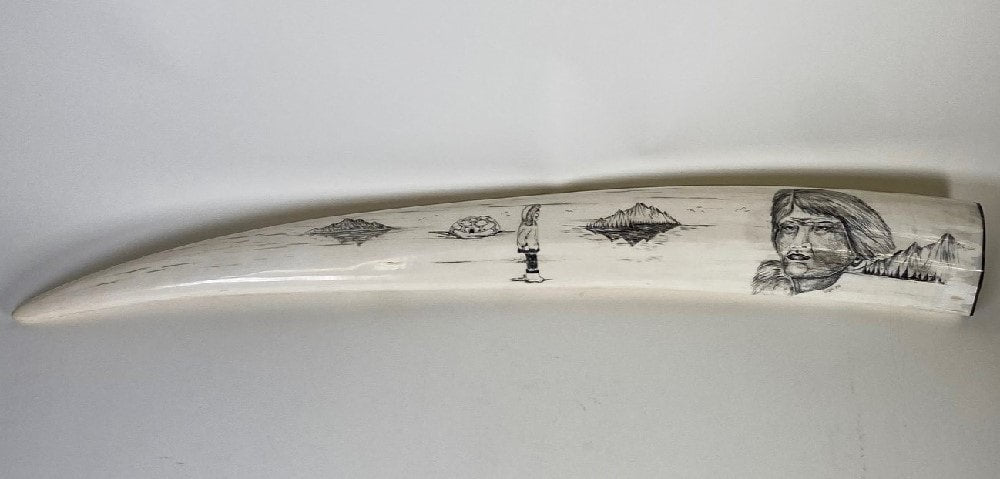 Eskimo - Inuit Walrus Tusk with Scrimshaw 24.25"L