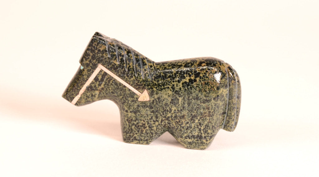 Zuni Spotted Serpentine Horse Fetish with Silver Inset Heartline by Lloyd Lasiloo