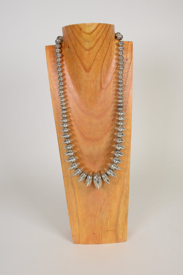Large Navajo Silver Bead Necklace Graduating w/fluted, stamped beads