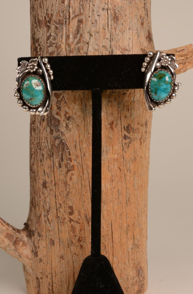 Navajo Post Earrings - Sterling Silver and Natural Nevada Turquoise of strong color