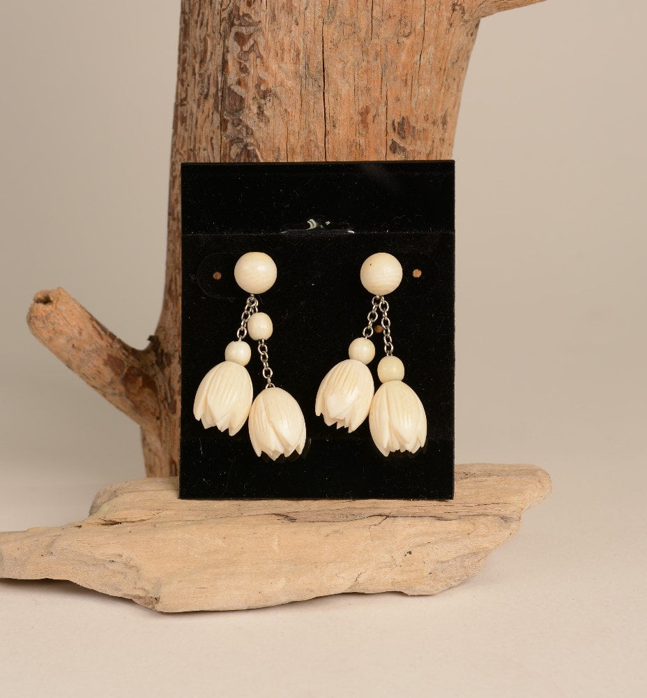 Alaskan Eskimo Walrus Ivory Flower Post Dangle Earrings