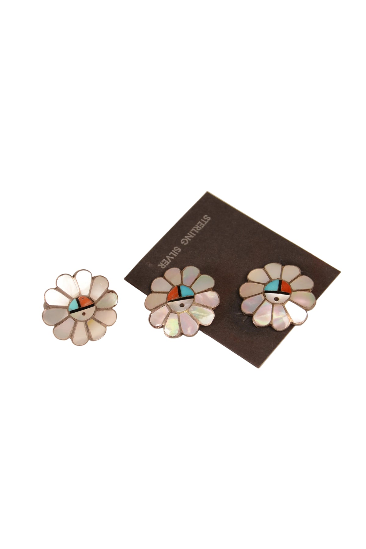 Zuni Sunface motif - Mother of Pearl Earrings and Ring set by Ashbarry Gasper