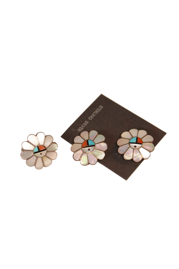 Zuni Sunface motif - Mother of Pearl Earrings and Ring set by Ashbarry Gasper