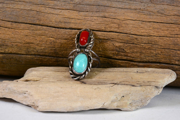 Navajo Sterling Silver Ring with Turquoise Coral 6 1/2