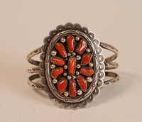 Large Navajo Sterling Silver and Red Coral Cuff Bracelet by Tommy Moore