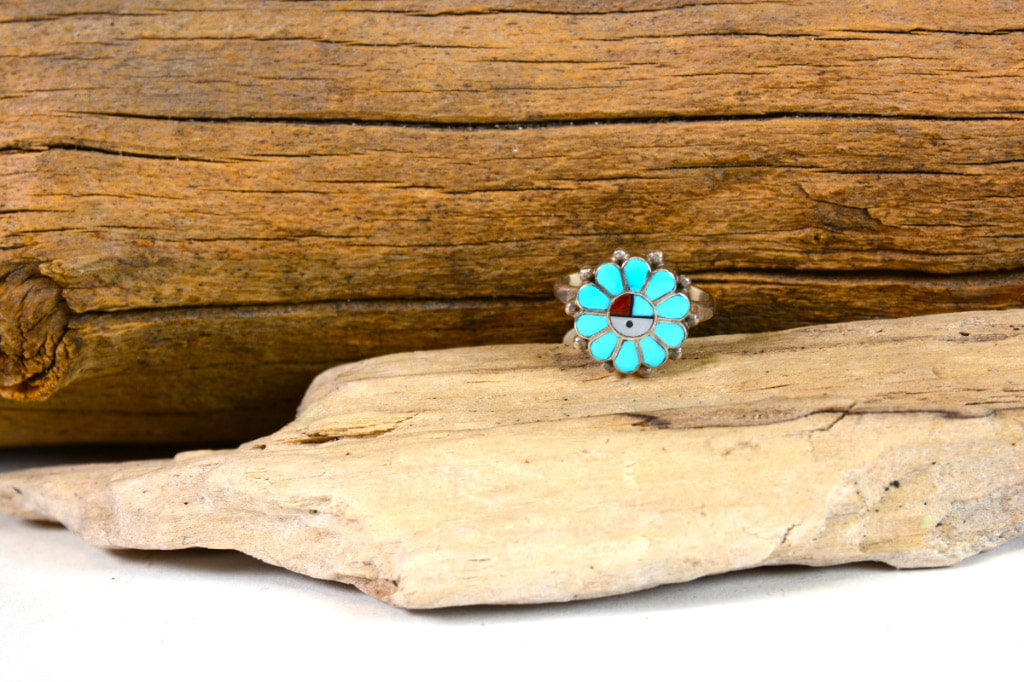 Zuni Sterling Silver and Turquoise Inlay Baby Sunface Ring 2.5