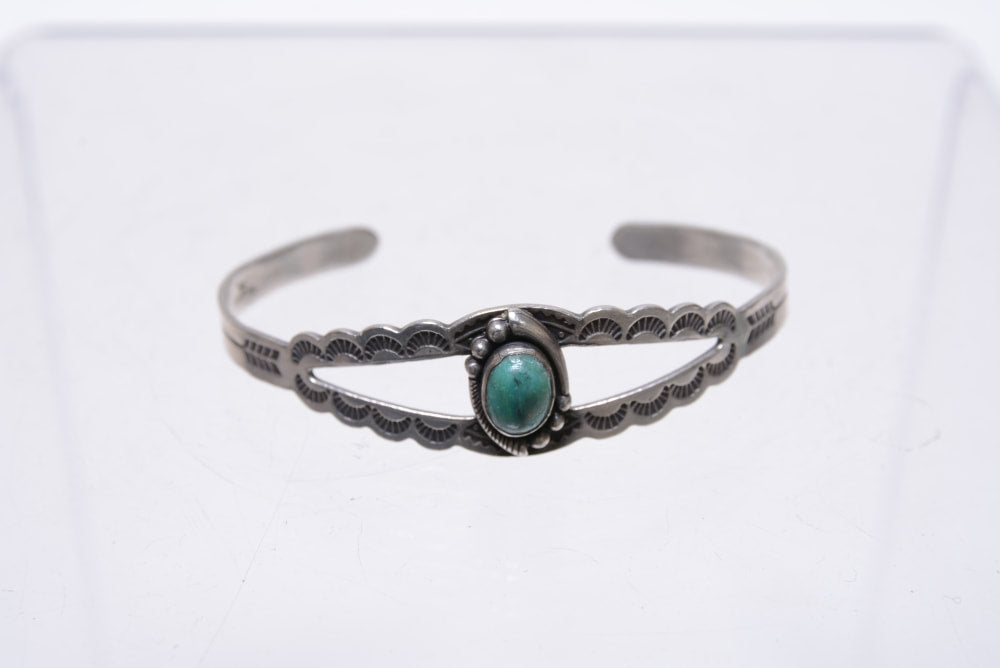 Navajo Bracelet - Early Fred Harvey Style - Single turquoise setting with hand stamping designs