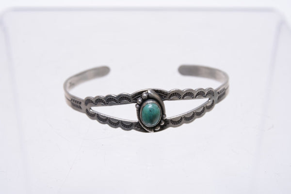 Navajo Bracelet - Early Fred Harvey Style - Single turquoise setting with hand stamping designs