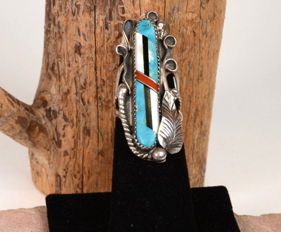 Vintage Zuni Ring with fine Inlay and Silverwork Size: 6.5