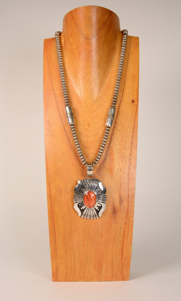 Navajo Silver Beaded Necklace with Silver Overlay Pendant by Tommy Singer