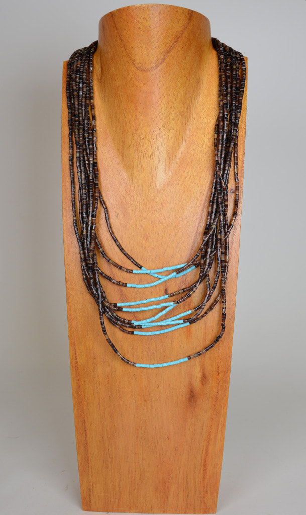 Santo Domingo Pueblo 10 Strand Shell Heishi and Turquoise Necklace