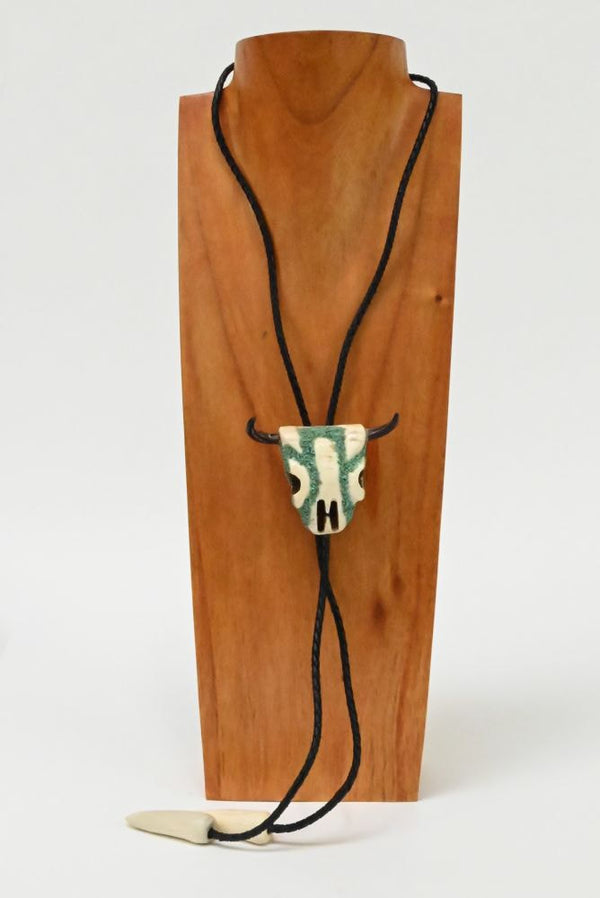 Handsome Bone Buffalo Skull Bolo with Turquoise