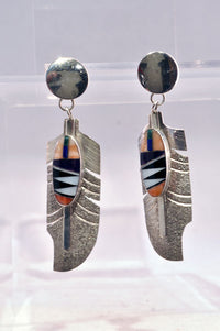 Large Navajo post earrings with feather motif