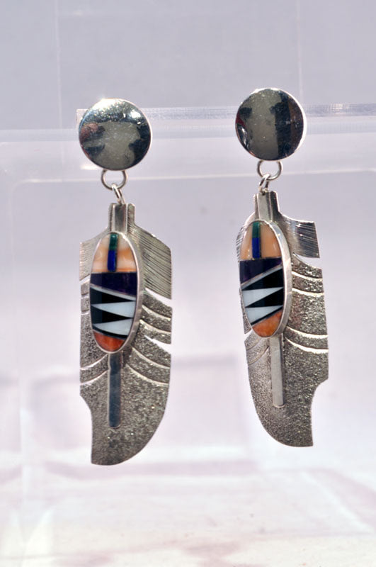 Large Navajo post earrings with feather motif