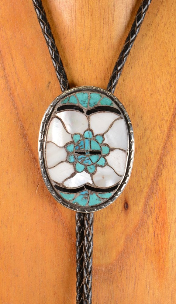 Vintage Zuni Oval Sunface with Inlaid Turquoise Bolo