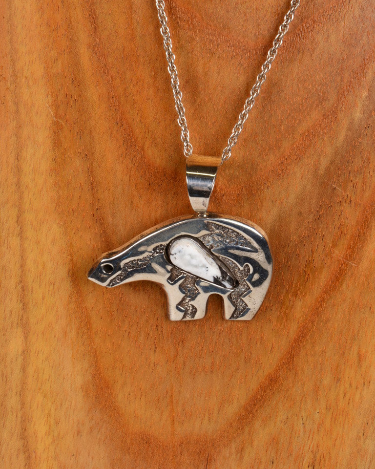 Heavy Sterling Silver Bear Pendant with Magnesite (White Buffalo) Gemstone Setting